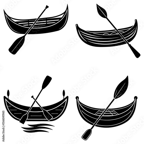 Illustration of four gondolas with paddles in a black and white vector graphic style design element