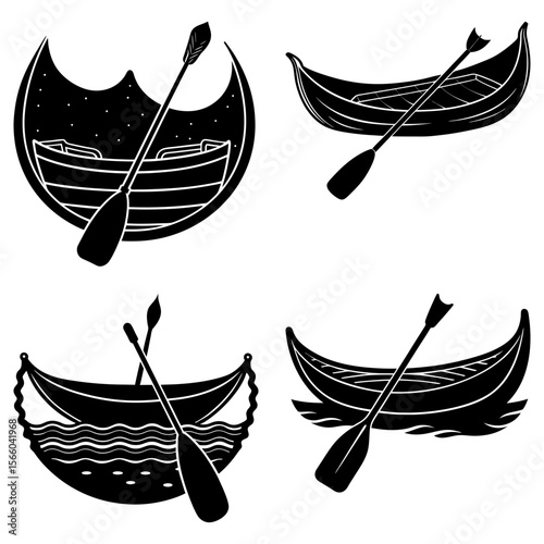 Illustration of four stylized boats with oars in black and white showcasing nautical themed designs