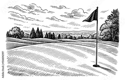Golf course landscape with flag and rolling hills in engraved drawing style black and white