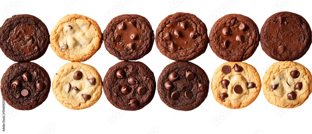 Obraz premium Delicious assortment of chocolate chip cookies displayed on a transparent background, perfect for dessert lovers and baking enthusiasts.
