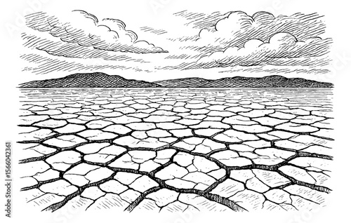 Cracked Ground with Mountains and Clouds in Black and White Detailed Line Art