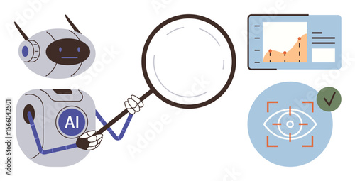 AI robot holding magnifier inspecting data on growth chart and target visualization. Ideal for technology, artificial intelligence, data analytics, research, innovation, future, process automation. A