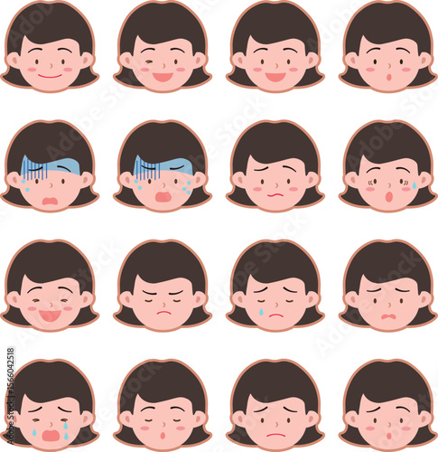 Face icons, So many expressions : An illustration of woman with various facial expressions.