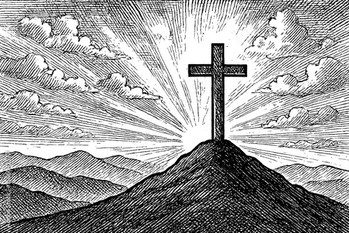 Engraved Illustration of Cross on Hilltop with Clouds and Rays of Light in Black and White