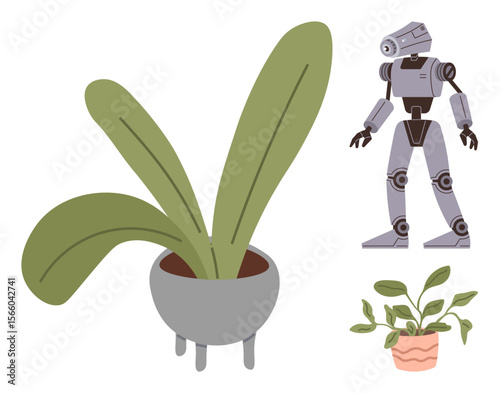 Grey robot standing near two potted plants with long green leaves. Ideal for technology, eco-friendliness, balance, sustainability, AI, innovation, modernity. A simple flat metaphor