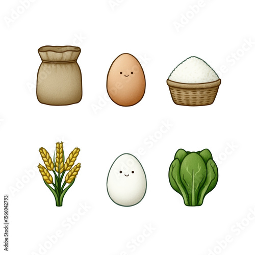 Six cute cartoon food icons: bag, egg, rice, wheat, egg, lettuce. Perfect for digital design.