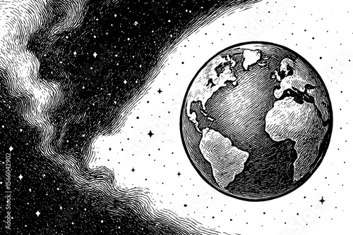 Earth planet illustration in space with stars and galaxy in engraved style vector