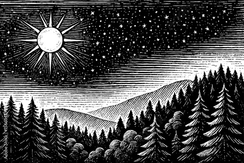 Night landscape with forest and mountains under starry sky engraving illustration