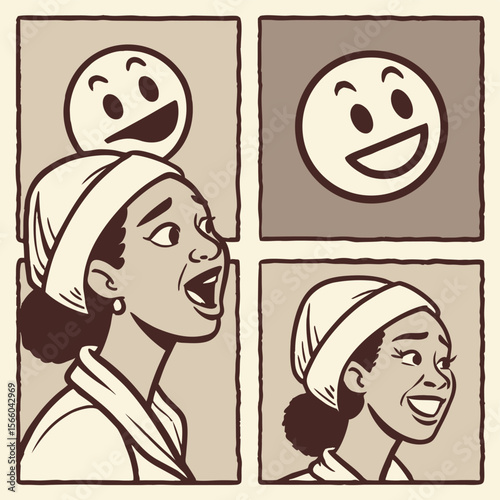 A woman expressing different emotions depicted in a comic strip style with emoji expressions above