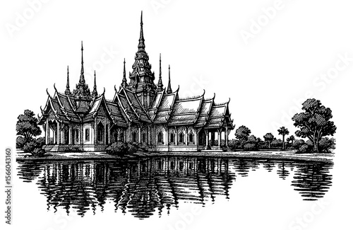 Ornate Thai Temple Reflected in Water Hand Drawn Detailed Black and White Engraving
