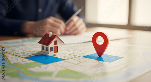 Miniature house and red location pin on a map, with a person writing in the background.