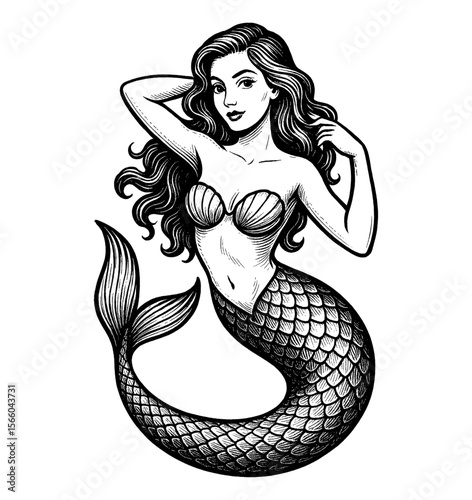 Beautiful Mermaid Posing with Hands Behind Head in Black and White Detailed Engraving