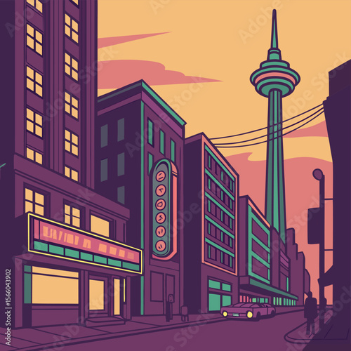 Cityscape illustration featuring tall buildings, a tower, and a street with a car and people at dusk