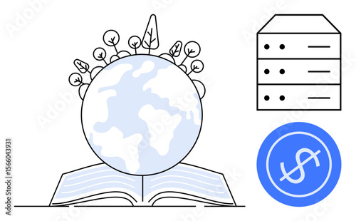 Globe with sprouting branches resting on a book, representing education and ecology, alongside database icon and financial growth symbol. Ideal for sustainability, education, environment, economics
