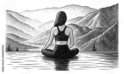 Woman Meditating in Lotus Position with Mountain View in Engrave Style