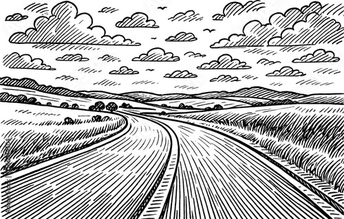 Road disappearing into distance with fields and hills under cloudy sky line art