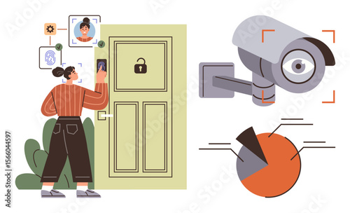 Woman uses facial recognition to unlock door, monitored by security camera and data analysis chart. Ideal for smart home, surveillance, safety technology, data privacy, innovation, access control