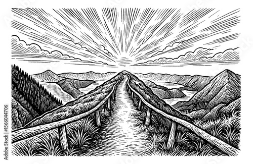 Engraved Illustration of Mountain Peak Path with Sunrise and Clouds Landscape