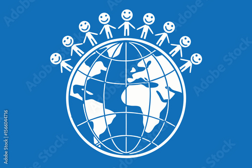 White globe with stylized people around on blue background