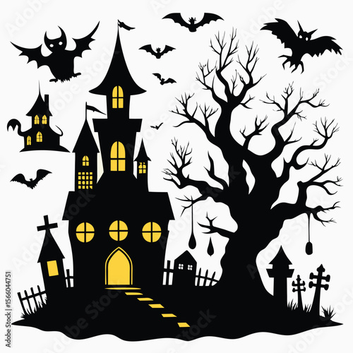 Eerie Halloween Elements Silhouettes in Black