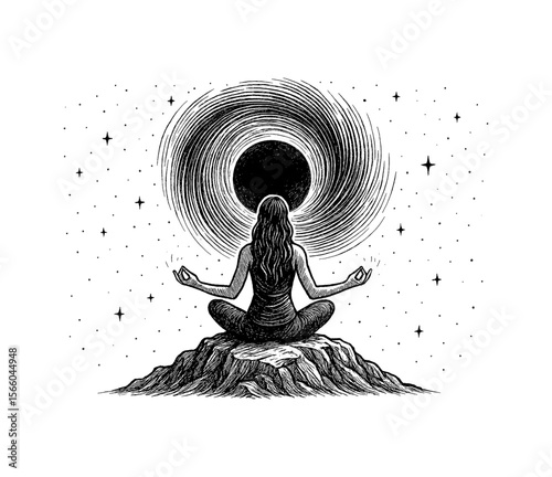 Serene Woman Meditating on Rock Under Swirling Galaxy Engraved Illustration