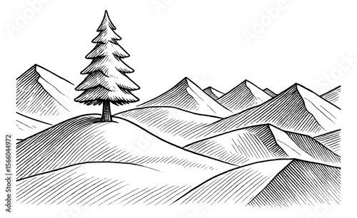 Line Art Drawing of Mountain Range with Tree in Black and White Detailed Landscape