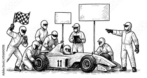 Formula One Race Car with Pit Crew Ready and Waving Checkered Flag in Black and White Line Art
