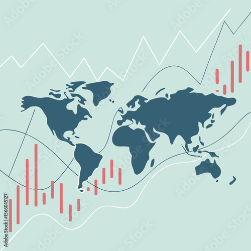 World map with stock market graph lines and bar charts on a light blue background illustration
