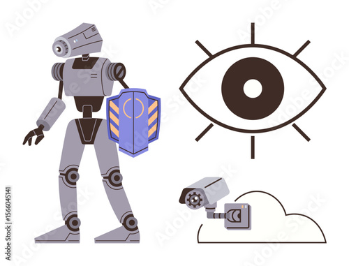 Humanoid robot holding shield, cloud-mounted camera, and eye graphic. Ideal for technology, AI, cybersecurity, surveillance, innovation automation and digital protection. Simple flat metaphor