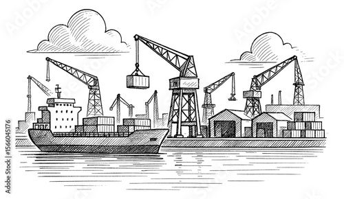 Hand Drawn Sketch of a Cargo Ship in Port with Cranes and Containers on the Sea