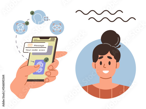 Hand holding a smartphone displaying fingerprint scan and verification code, connected to user profile portrait. Ideal for cybersecurity, identity, technology, app security, safety, privacy, data