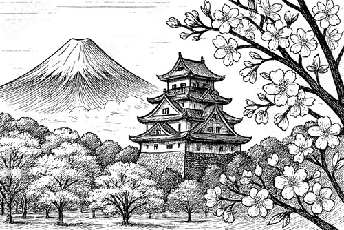 Detailed Black and White Ink Drawing of Traditional Japanese Castle with Mountain and Cherry Blossoms