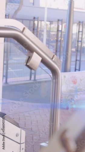 Animation of red light spots over african american woman walking through barrier at train station