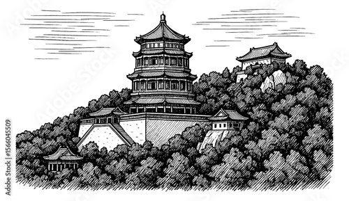 Detailed Black and White Line Art Drawing of Pagoda on Hill with Trees