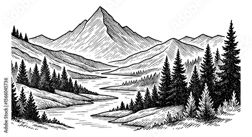 Line Art Landscape with Mountain Range, River and Forest with Engrave Style