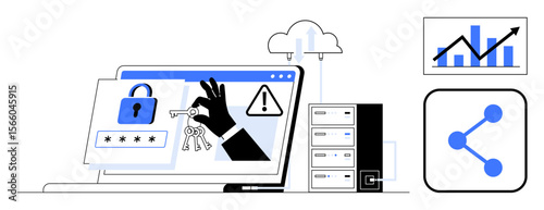 Hacking attempt with hand stealing keys, laptop showing padlock, cloud data storage, rising graph, and sharing network. Ideal for cybersecurity, technology, analytics, data storage risk management