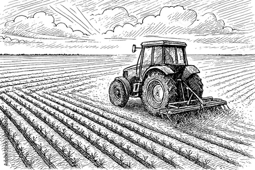 Tractor plowing field in countryside landscape, back view, hand drawn sketch in monochrome color