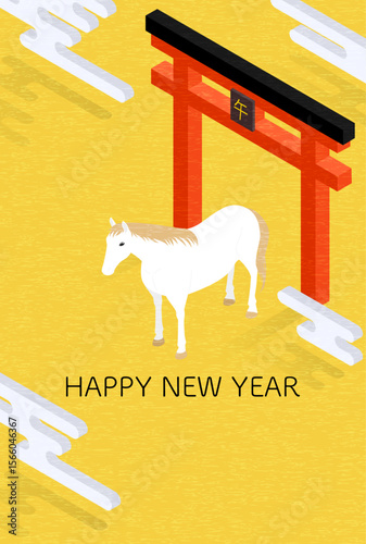 2026年午年の和風年賀状、馬と鳥居のシンプルなアイソメトリックイラスト