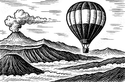 Illustration of Volcanoes, Mountains, Clouds, and a Hot Air Balloon in Engrave Style
