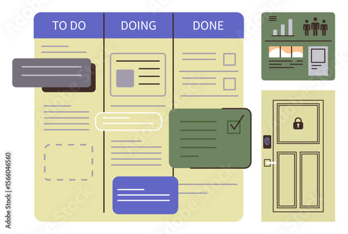 Workflow board with to-do, doing, and done columns, task cards, analytics charts, lock for security. Ideal for task management, project tracking, collaboration productivity data visualization