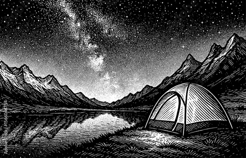 Engraved Style Camping Tent Near Lake at Night with Starry Sky and Mountain Range Scenery