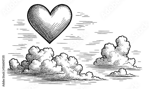 Heart and Clouds Drawing in Black and White Engraved Style, Sky Landscape