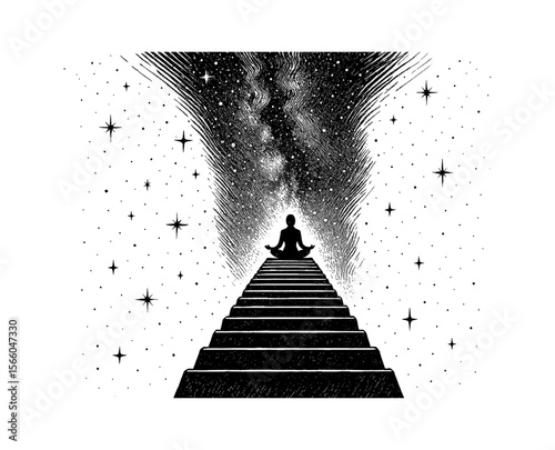 Silhouette Meditating on Stairs Under Starry Sky in Engrave Detailed Black and White Art