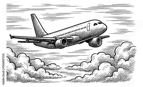 Airplane flying in the cloudy sky engraving style illustration in black and white.