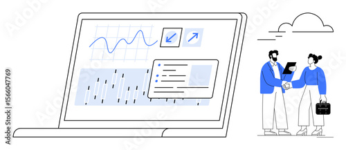 Laptop displaying graphs and reports, professionals shaking hands nearby. Ideal for data analysis, teamwork, business growth, collaboration, partnership, agreement digital transformation. Simple