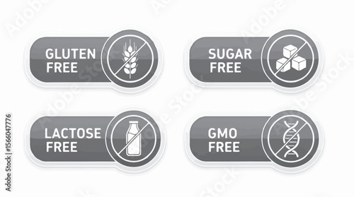 Set of vector badges showing the text "Gluten Free", "Sugar Free", "Lactose Free", and "GMO Free" on white background