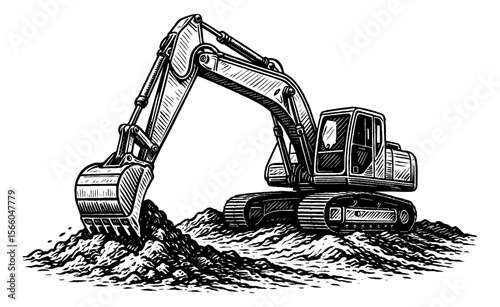 Excavator Digging Soil in Detailed Black and White Line Art Drawing Illustration