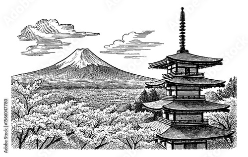 Japanese Pagoda with Mountain Fuji and Cherry Blossoms in Engrave Detailed Black and White