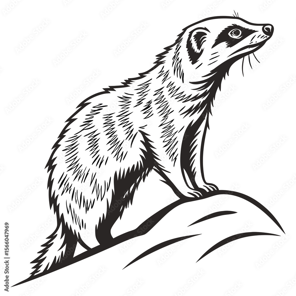 Fototapeta premium White back ground a black and white illustration of a mongoose.