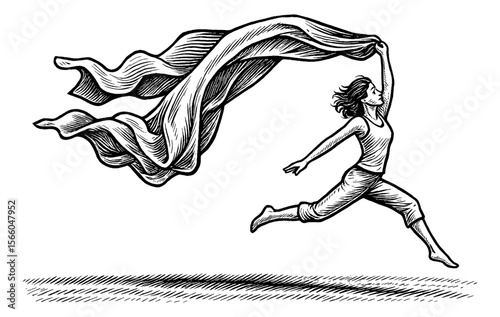 Woman Running with Fabric in Hand Engraved Style Black and White Graphic Illustration